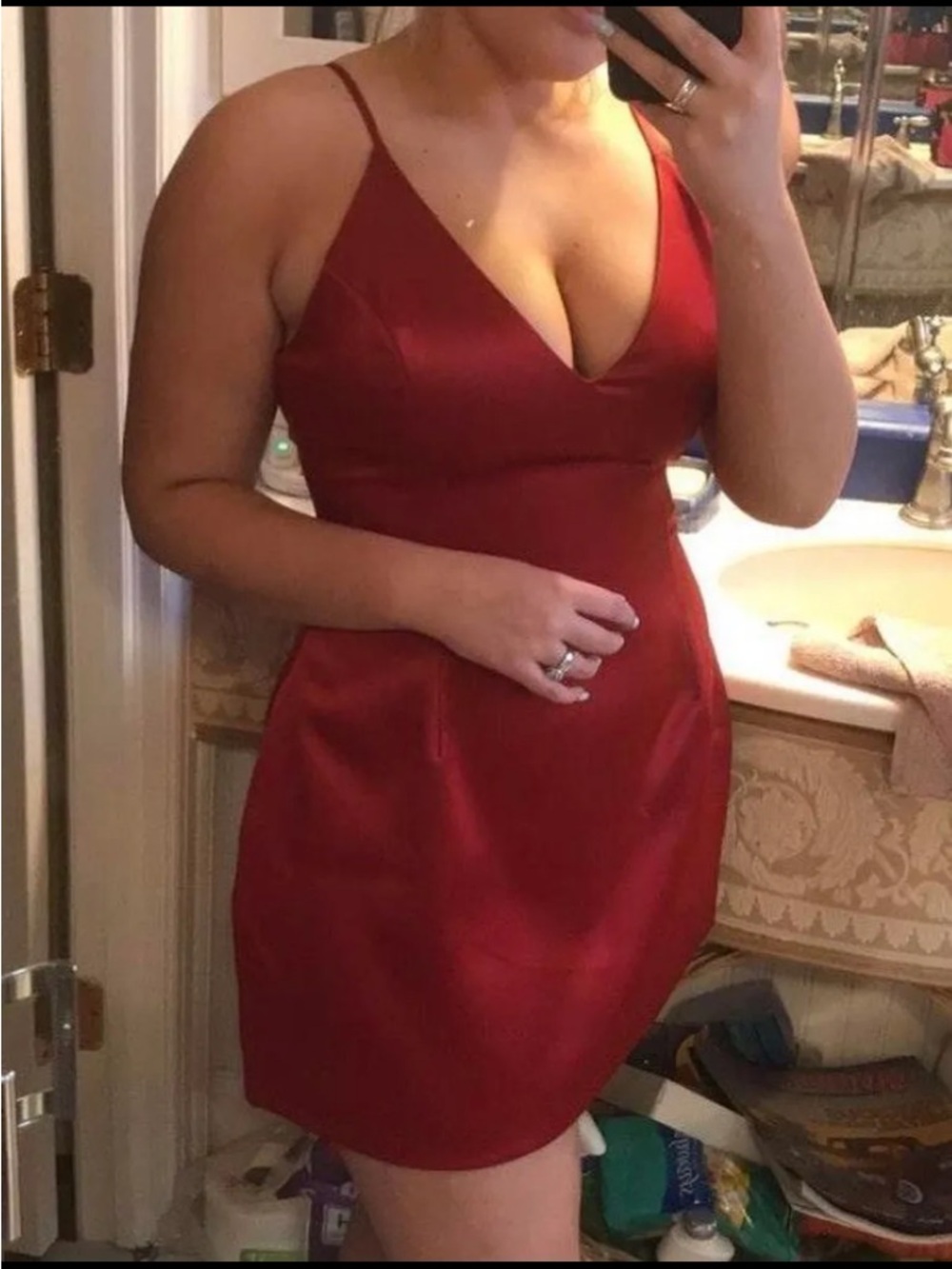 Red Satin Spaghetti-Strap V-Neck Dress
